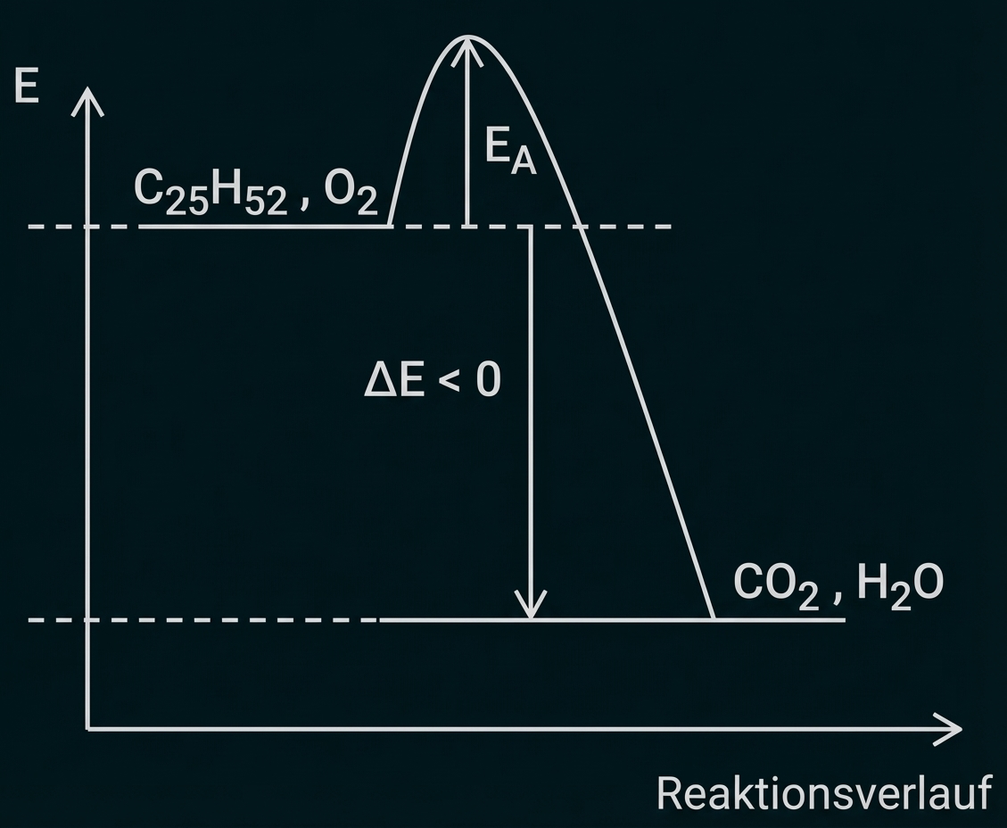 Energieprofil einer exothermen Reaktion: C25H52 + O2 → CO2 + H2O mit Aktivierungsenergie EA